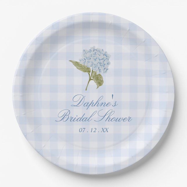 Blue Hydrangea Gingham Bridal Shower Paper Plate (Front)