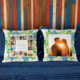 Blue Hydrangea Gold 25th Anniversary Photo Collage Cushion
