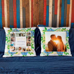 Blue Hydrangea Gold 30th Anniversary Photo Collage Cushion