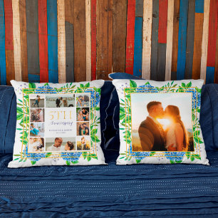 Blue Hydrangea Gold 5th Anniversary Photo Collage Cushion