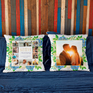Blue Hydrangea Gold 65th Anniversary Photo Collage Cushion