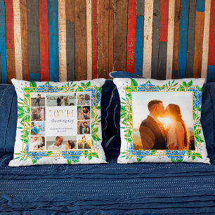 Blue Hydrangea Gold 70th Anniversary Photo Collage Cushion