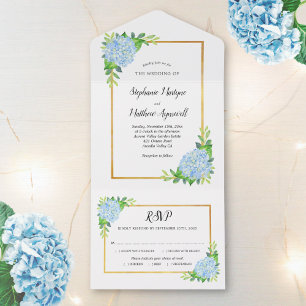 Blue Hydrangea Gold Border Wedding All In One Invitation