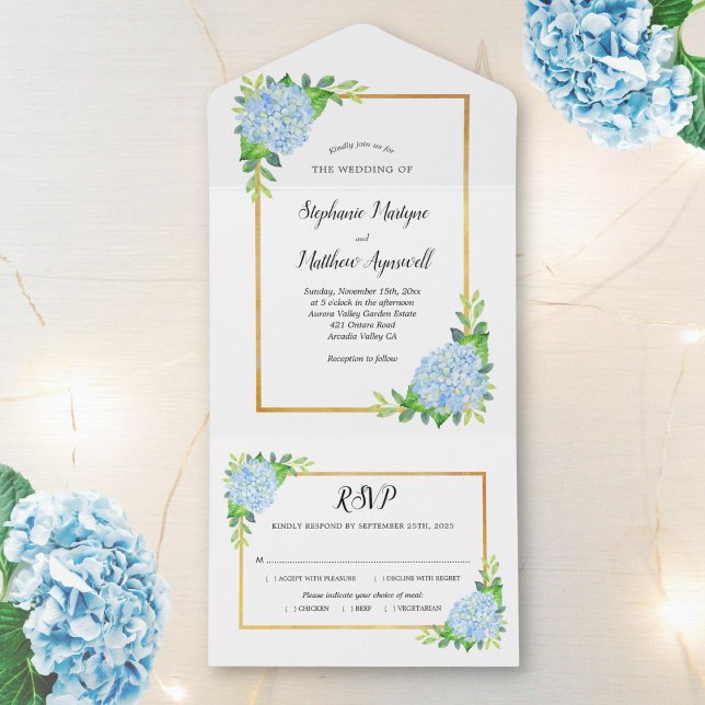 Blue Hydrangea Gold Border Wedding All In One Invitation (Creator Uploaded)