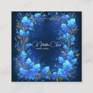 Blue Hydrangea Gold Celestial Frame Midnight Square Business Card