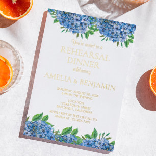 Blue Hydrangea Gold Foil Wedding Rehearsal Dinner