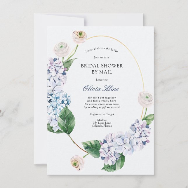 Blue Hydrangea Gold Frame Bridal Shower by Mail Invitation (Front)