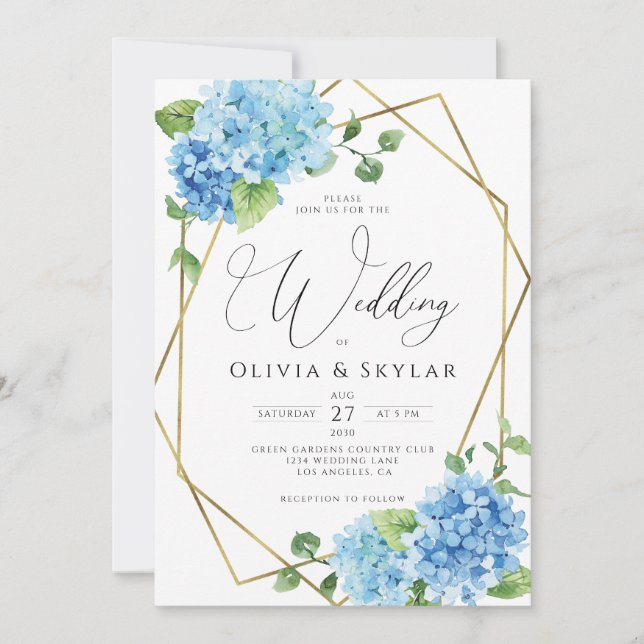 Blue Hydrangea Gold QR Code All In One Wedding Invitation (Front)