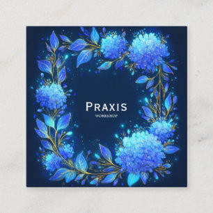 Blue Hydrangea Gold Wreath Midnight Floral Square Business Card