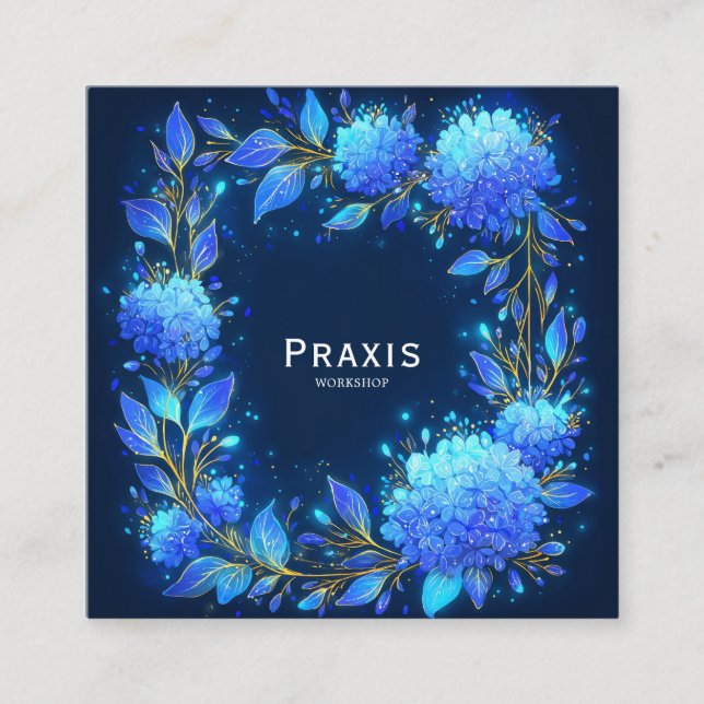 Blue Hydrangea Gold Wreath Midnight Floral Square Business Card (Front)