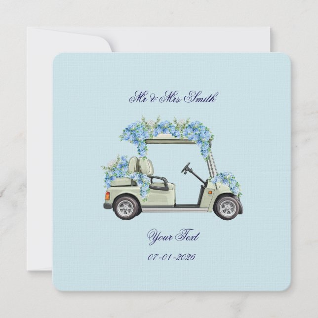 Blue Hydrangea Golf Cart Floral Wedding Invitation (Front)