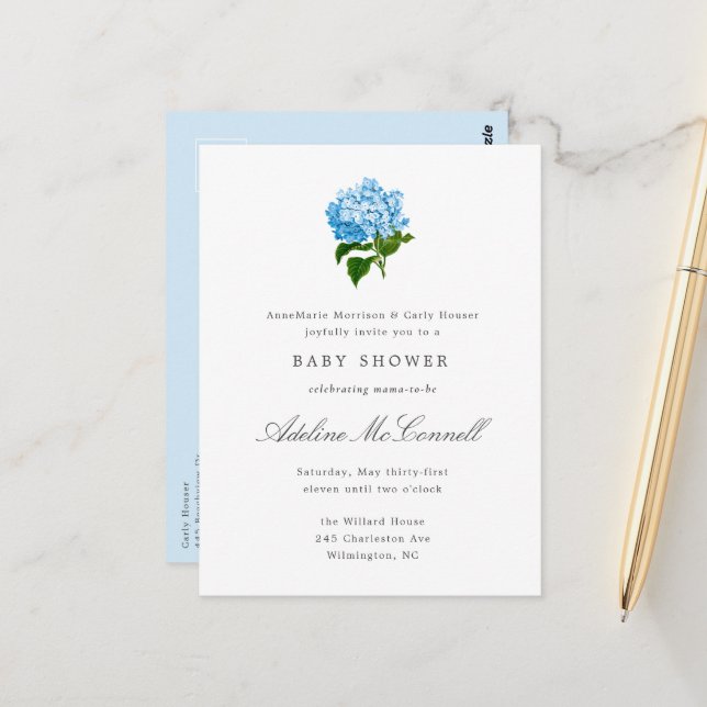 Blue Hydrangea Grandmillennial Baby Shower Postcard (Front/Back In Situ)