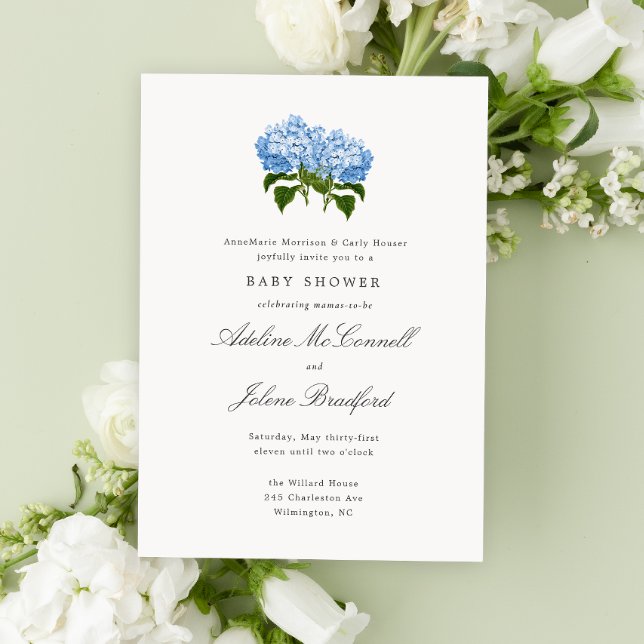 Blue Hydrangea Grandmillennial Double Baby Shower Invitation (Double baby shower with blue hydrangea flowers and traditional fonts for grand millennial style)
