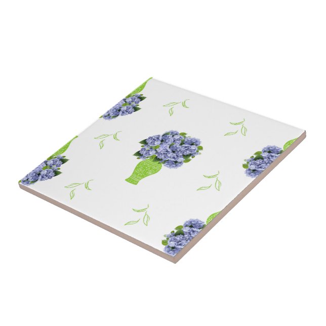 Blue Hydrangea Green Vase Coastal Pattern Ceramic Tile (Side)