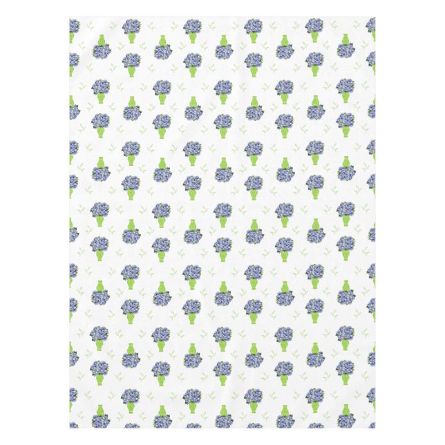  Blue Hydrangea Green Vase Coastal Pattern Tablecloth (Front)