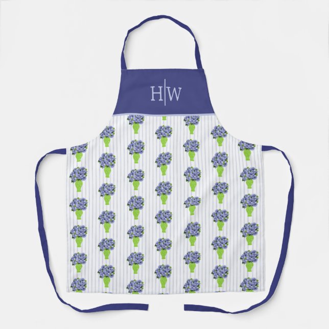 Blue Hydrangea Green Vase Coastal Stripe Pattern  Apron (Front)