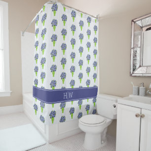  Blue Hydrangea Green Vase Coastal Stripe  Shower Curtain