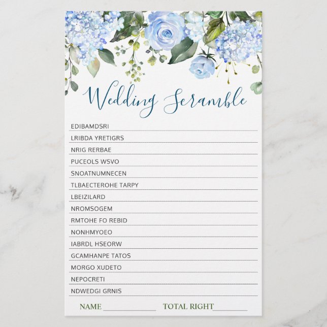 Blue Hydrangea Greenery Bridal Shower Game (Front)