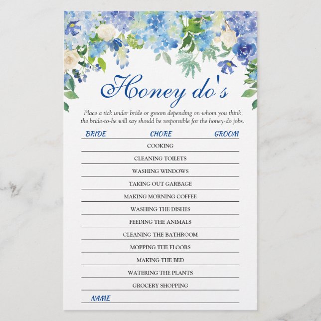 Blue Hydrangea Greenery Bridal Shower Game (Front)