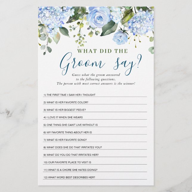 Blue Hydrangea Greenery Bridal Shower Game (Front)