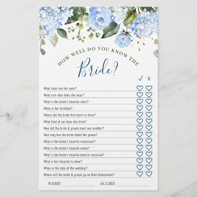 Blue Hydrangea Greenery Bridal Shower Game (Front)