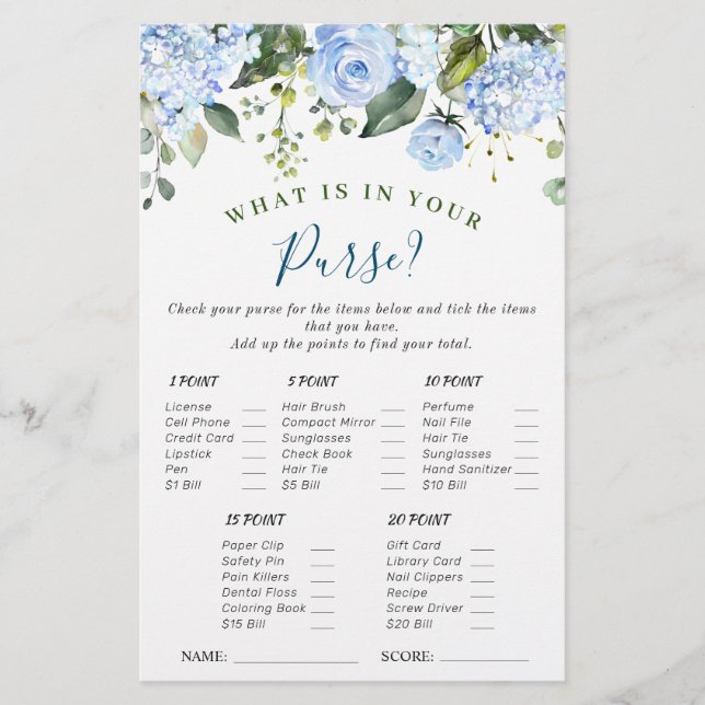 Blue Hydrangea Greenery Bridal Shower Game (Front)