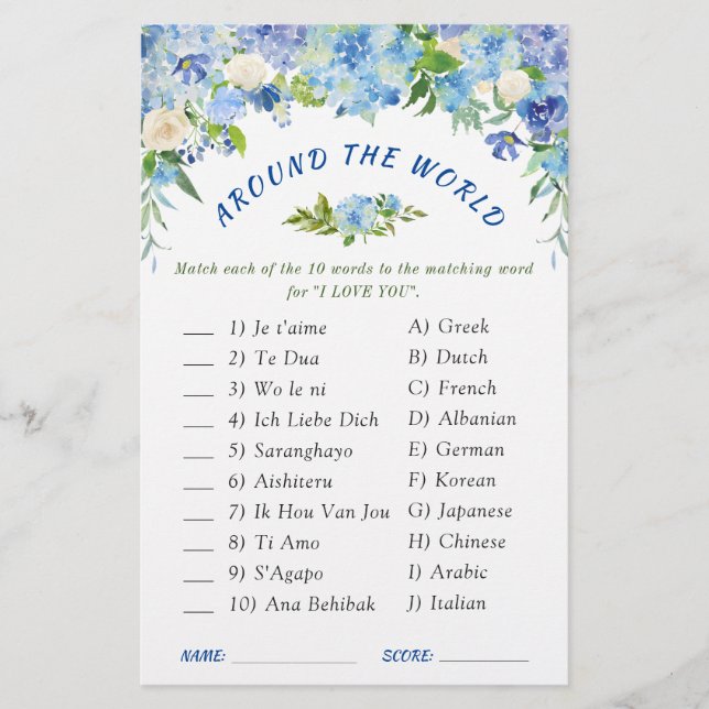 Blue Hydrangea  Greenery Bridal Shower Game (Front)