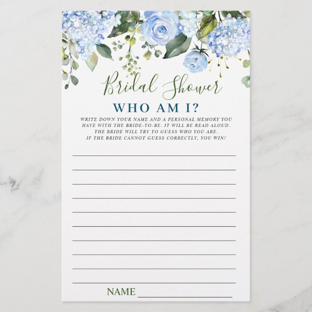 Blue Hydrangea Greenery Bridal Shower Game (Front)