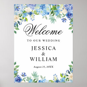 Blue Hydrangea  Greenery Chic Wedding Welcome Poster