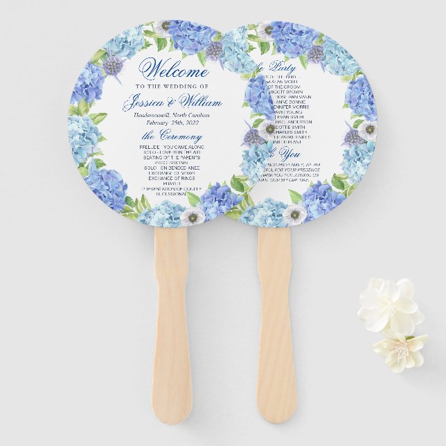 Blue Hydrangea Greenery Floral Wedding Program Hand Fan (Front and Back)