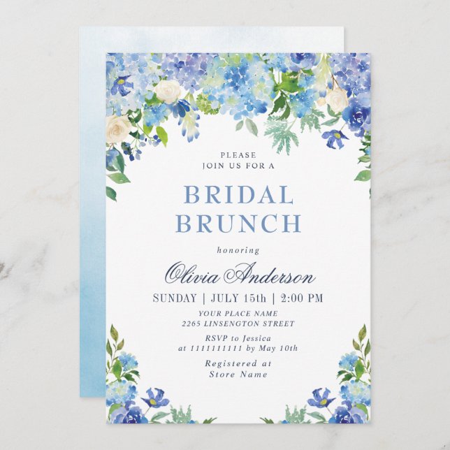 Blue Hydrangea Greenery Watercolor Bridal Brunch Invitation (Front/Back)