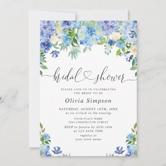 Blue Hydrangea Greenery Watercolor Bridal Shower Invitation (Front)
