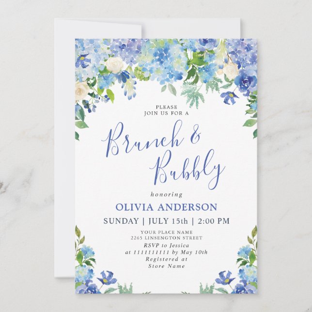 Blue Hydrangea Greenery Watercolor Brunch & Bubbly Invitation (Front)