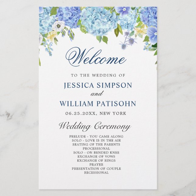 Blue Hydrangea Greenery Wedding Ceremony Program (Front)