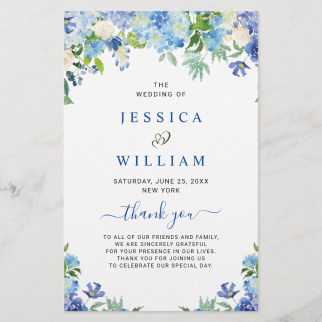 Blue Hydrangea Greenery Wedding Ceremony Program (Front)