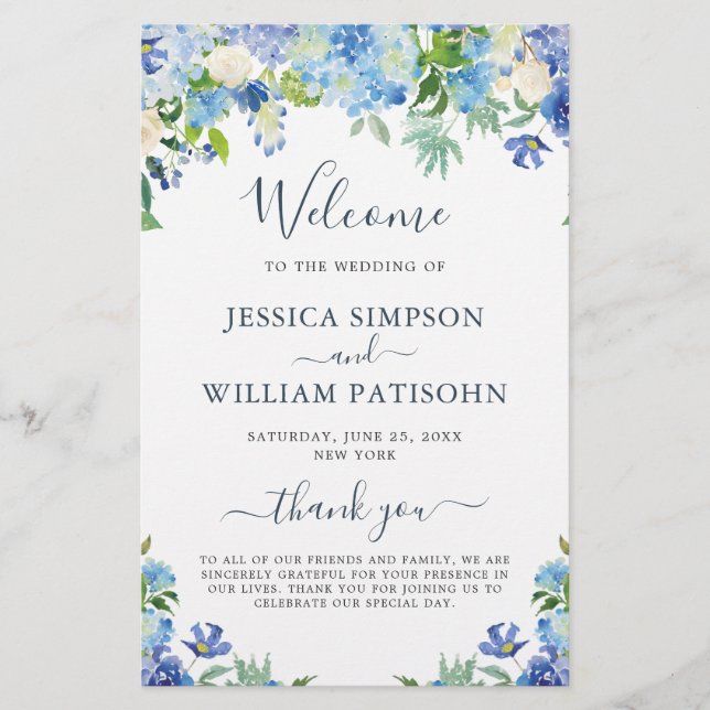 Blue Hydrangea Greenery Wedding Ceremony Program (Front)