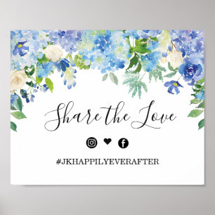Blue Hydrangea Greenery Wedding Hashtag Sign