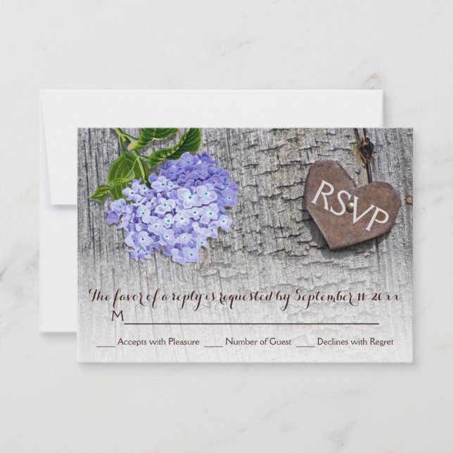 Blue hydrangea & heart on wood wedding RSVP Card (Front)