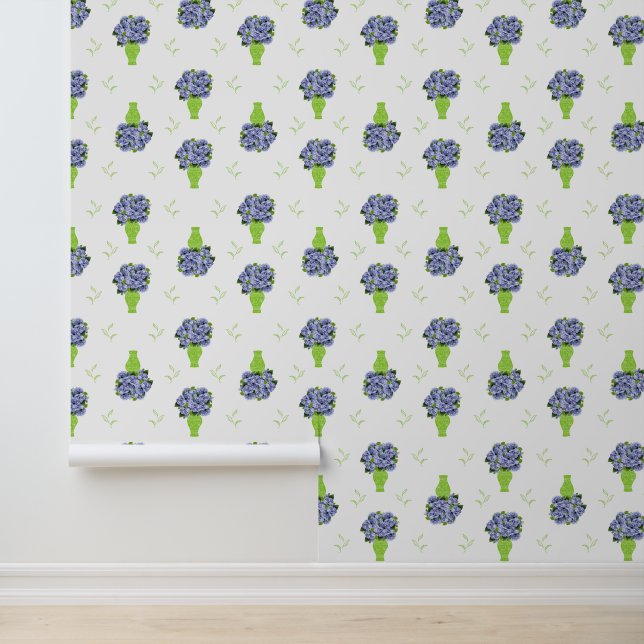 Blue Hydrangea in Green Vase Floral Pattern Wallpaper (Application)