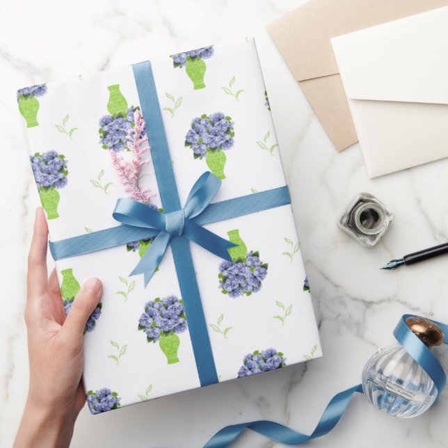 Blue Hydrangea in Green Vase Floral Pattern Wrapping Paper (Gifting)