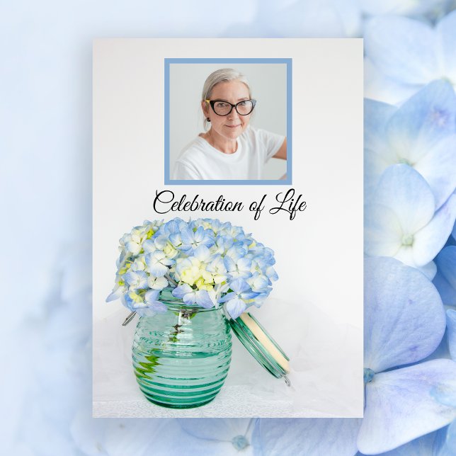 Blue Hydrangea in Jar Celebration of Life Memorial Invitation (Creator Uploaded)
