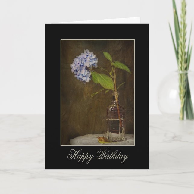 blue hydrangea in vintage bottle card (Front)