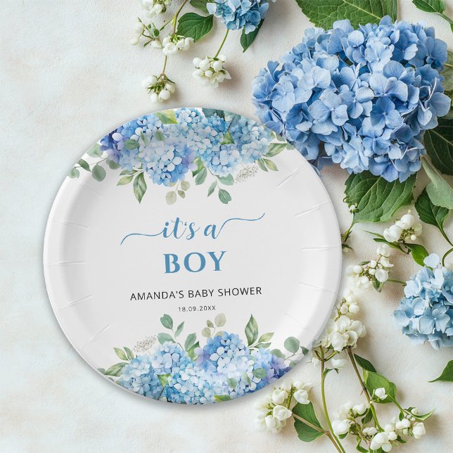 Blue Hydrangea It's a Boy Baby Shower Paper Plate (Creator Uploaded)