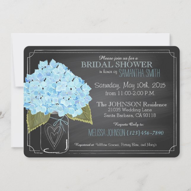 Blue Hydrangea Jar Chalkboard Bridal Shower Invitation (Front)