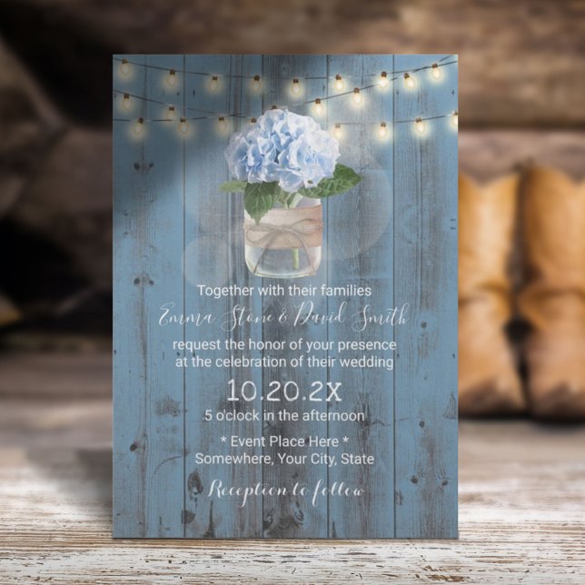 Blue Hydrangea Jar Dusty Blue Barn Wood Wedding Invitation (Creator Uploaded)