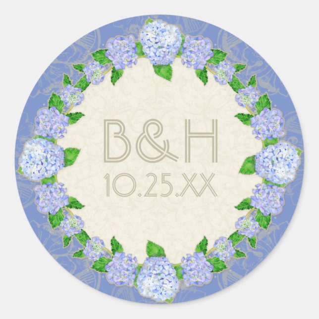 Blue Hydrangea Lace Floral Formal Elegant Weddings Classic Round Sticker (Front)