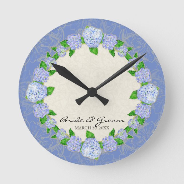 Blue Hydrangea Lace Floral Formal Wedding Gift Round Clock (Front)
