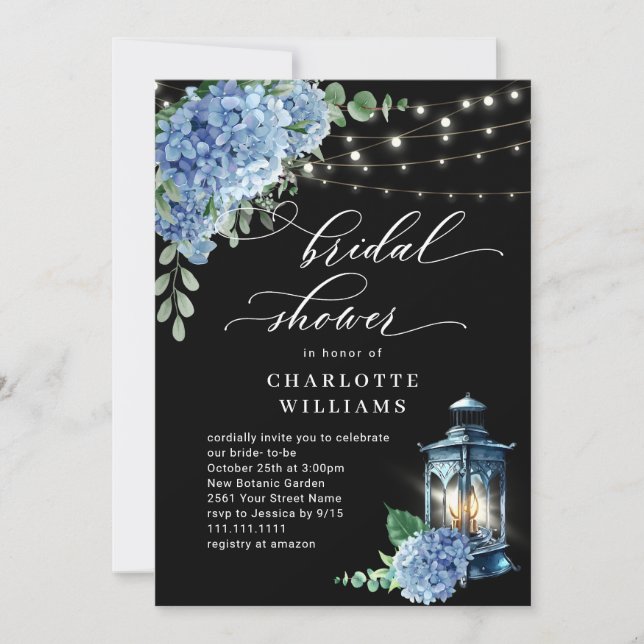 Blue Hydrangea Lantern Black Boho Bridal Shower Invitation (Front)
