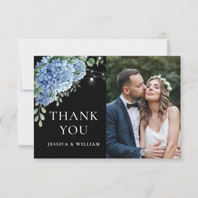 Blue Hydrangea Lantern Black Boho Photo Wedding Thank You Card (Front)
