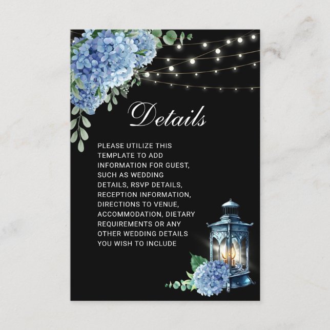 Blue Hydrangea Lantern Black Boho Wedding Details Enclosure Card (Front)